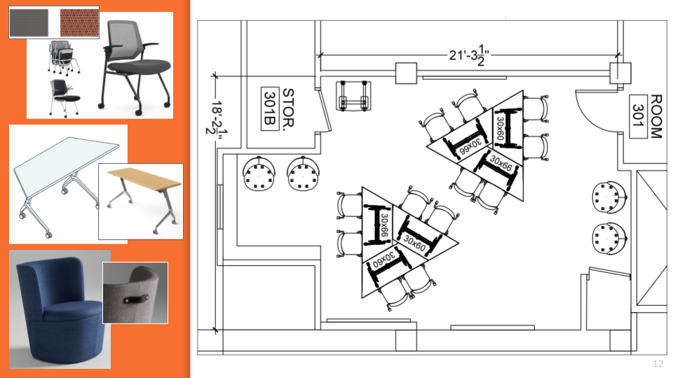 Photo of TRC furnishings; trapezoidal tables arranged in groups of 2